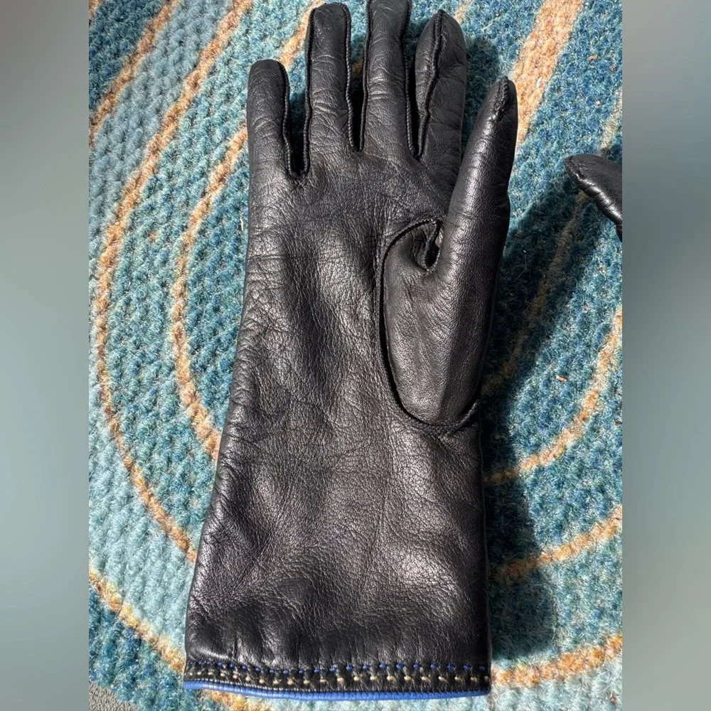 Coach Black Leather Gloves with Cashmere Lining & Blue Trim size 7.5